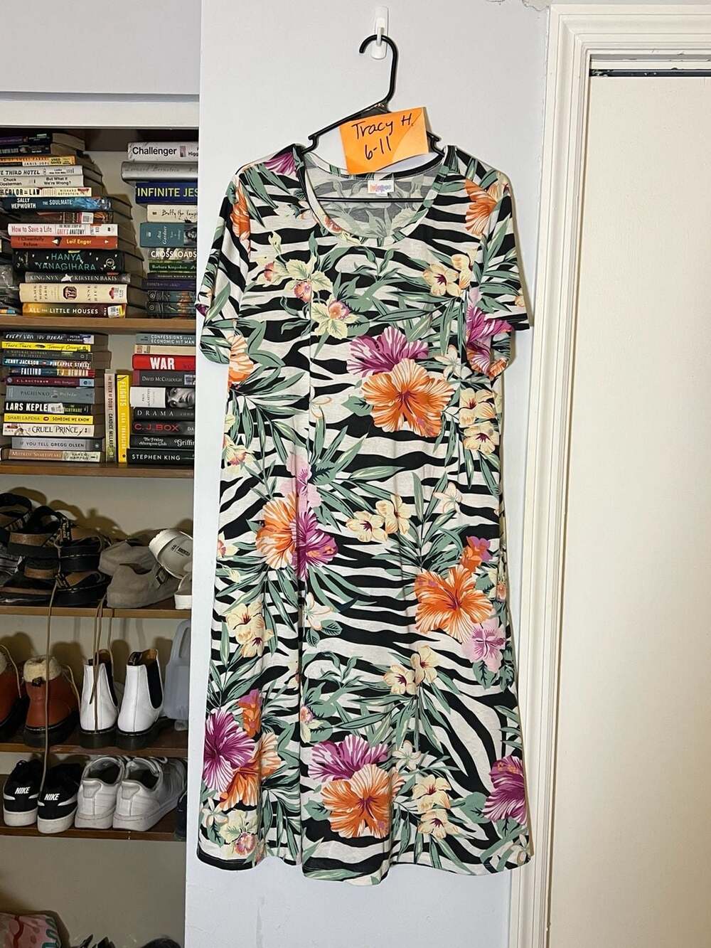 LuLaRoe Jessie Short Sleeve Swing Dress with Pockets Tropical Floral Zebra Print
